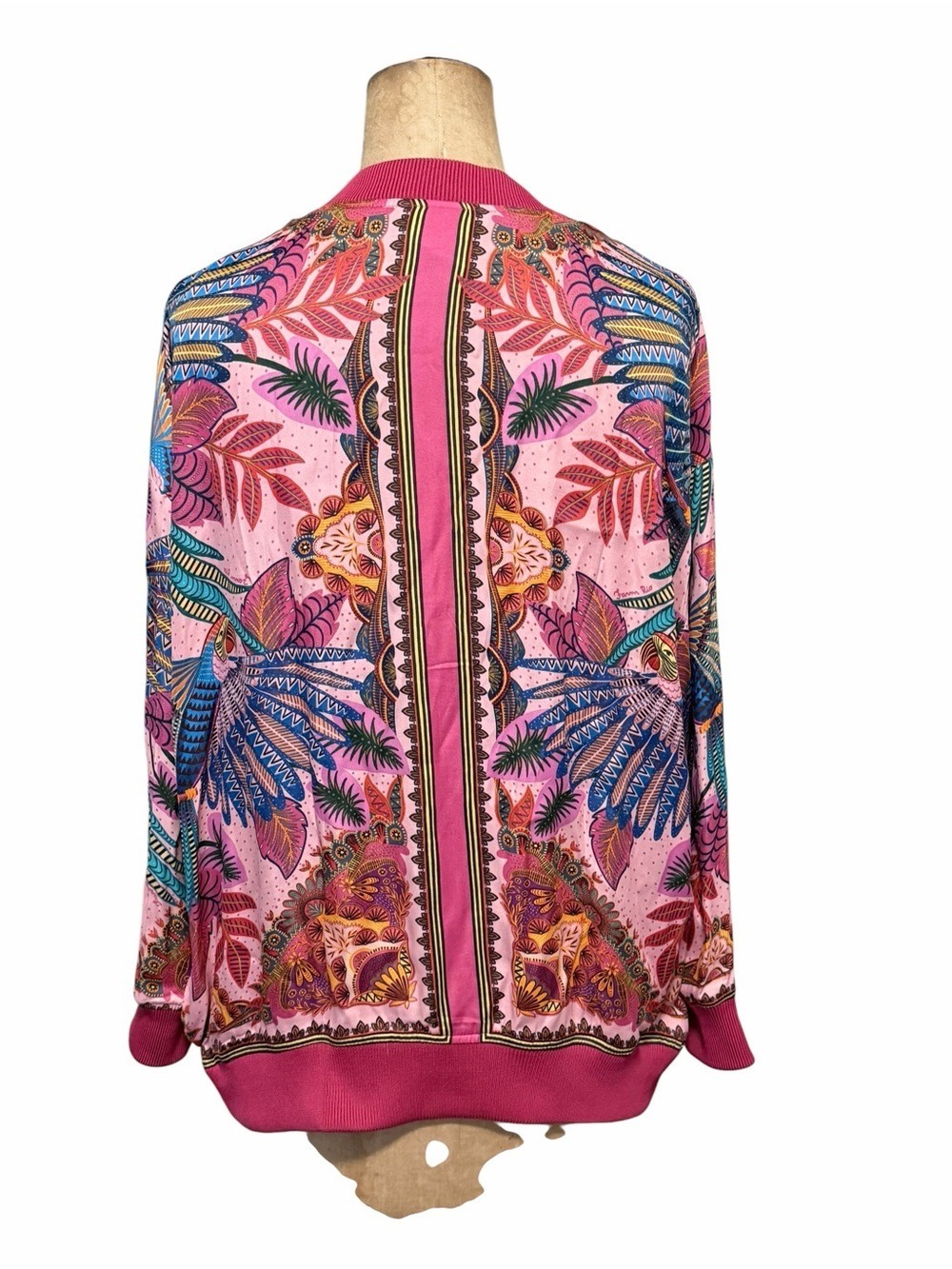 FARM Rio Macaw Scarf Print Pink Multicolor Botanical V-Neck Button Cardigan S - Picture 3 of 8